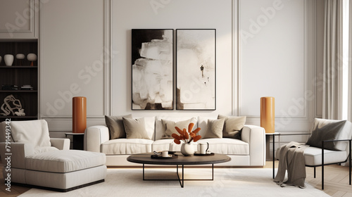 A cozy living room with a stylish poster frame enhancing the decor.