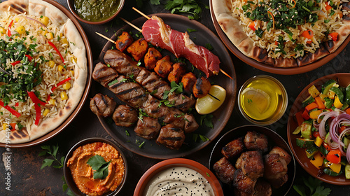 Middle eastern or arabic dishes and assorted meze on a dark background, Meat kebab, falafel, baba ghanoush, hummus, rice with vegetables, tahini, kibbeh, pita, Halal food, Space for text, Top view photo