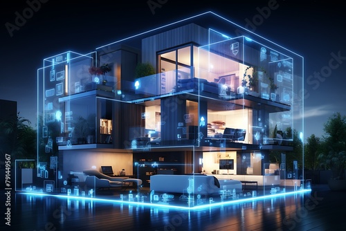 3d rendering of modern smart home devices connected to web with internet of things IoT technology.