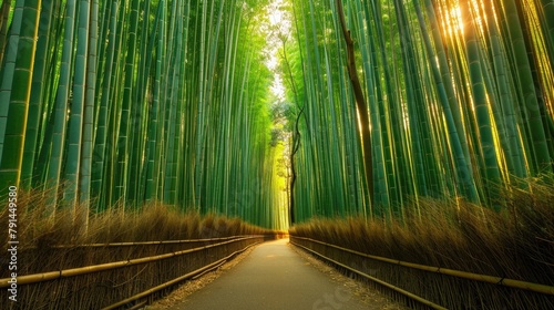 A pathway through a bamboo forest  with the tall  slender stalks of bamboo creating a serene and peaceful atmosphere.