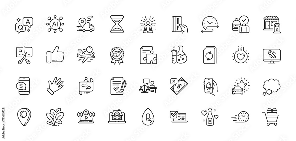 Bell alert, Filling station and Love award line icons pack. AI, Question and Answer, Map pin icons. Monitor repair, Fast delivery, Chemistry flask web icon. Vector