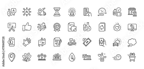 Bell alert, Filling station and Love award line icons pack. AI, Question and Answer, Map pin icons. Monitor repair, Fast delivery, Chemistry flask web icon. Vector photo
