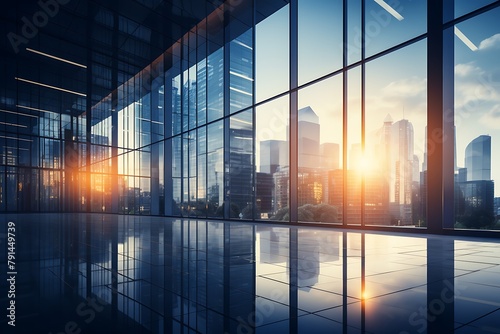 Empty office with glass windows and city view. 3D Rendering