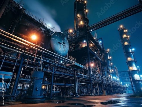 Illuminated oil refinery structures at night showcasing complexity and energy production.