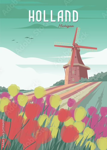 holland michigan travel poster illustration design, flower garden view with windmill in poster © linimasa