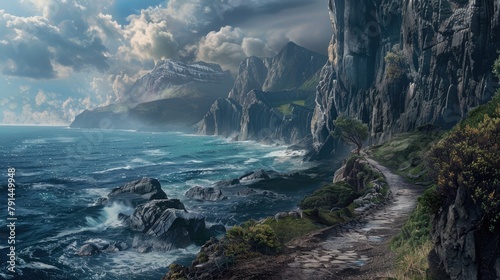 A pathway along a rugged coastline  with towering cliffs on one side and the endless expanse of the ocean on the other  a dramatic and awe-inspiring landscape.