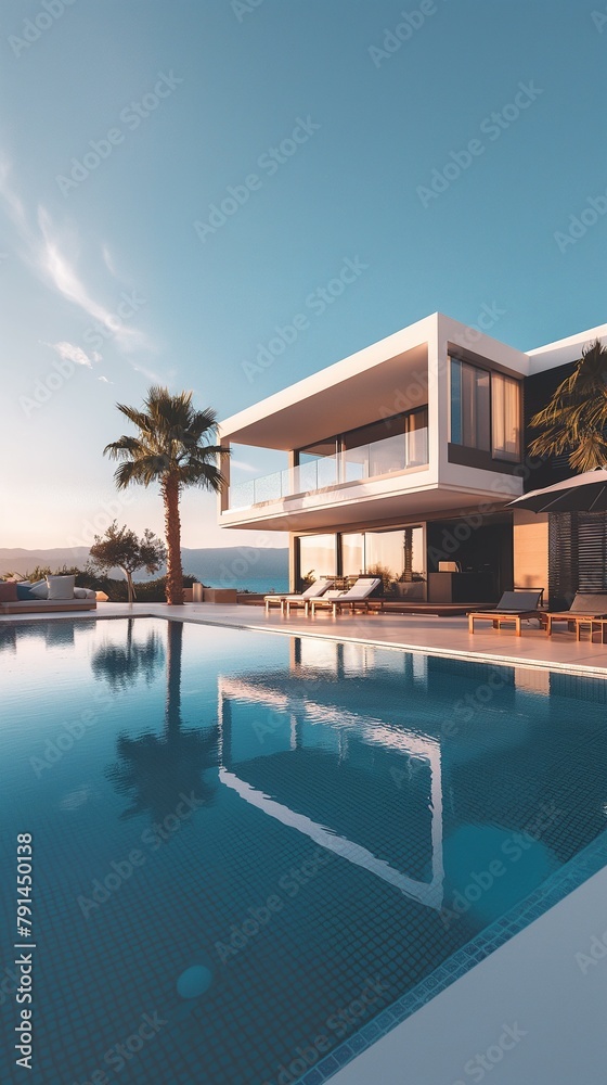 A Vertical Image Of A Balcony Pool Villa With A Swimming Pool Overlooking The Ocean. A Vertical Image Of A Balcony Pool Villa With A Swimming Pool Overlooking The Ocean.