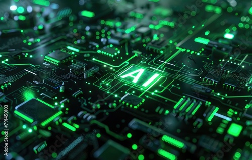 There is a chip with AI logo on the computer circuit board. Circuit board with AI smart chip