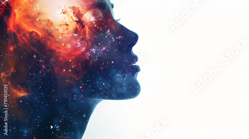 Double exposure of women face and galaxy. Abstract wom