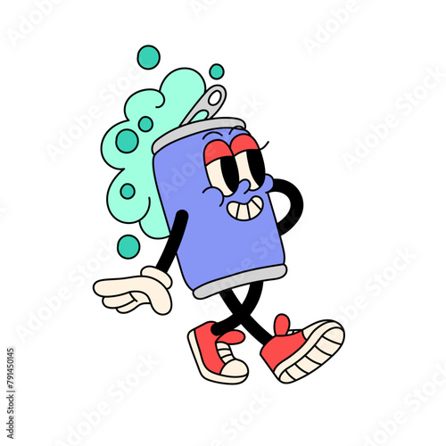 Cartoon soda can with foam walks. Groovy mascot of sparkling water in retro style. Funny character of sweet drink with gloves on hands strolls. Flat isolated vector illustration on white background