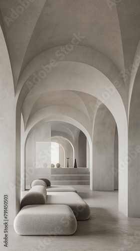 A Vertical Image Of A Modern Minimalist Living Room with Arch Wall Decor.