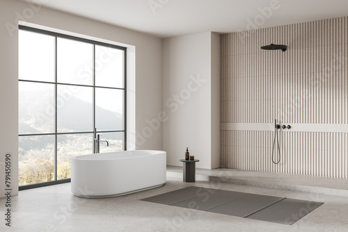 Beige hotel bathroom interior with tub  douche and panoramic window