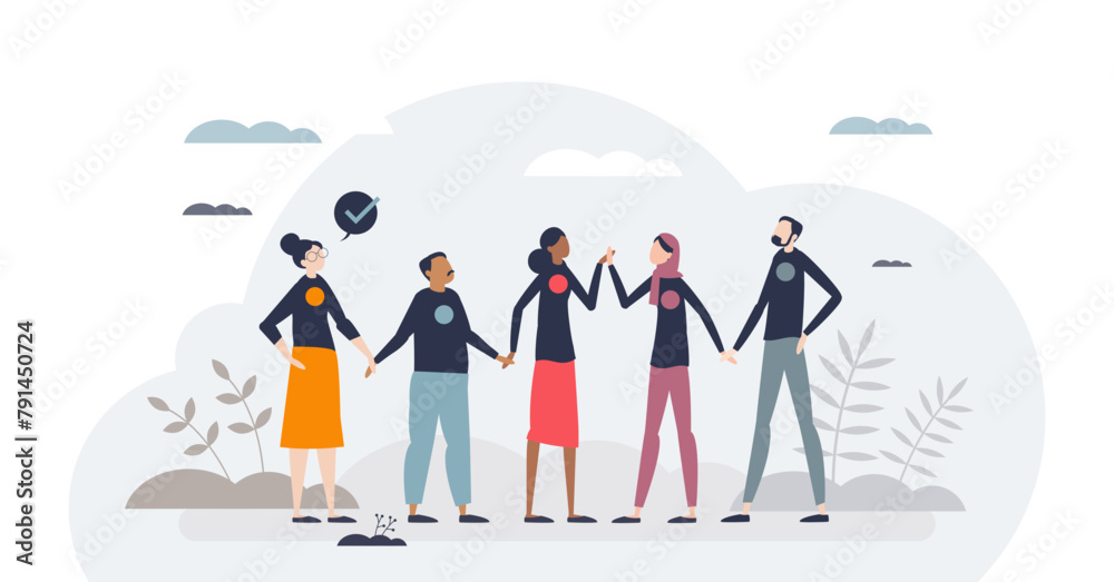 Community crowd with diverse and multicultural group tiny person concept, transparent background. Social teamwork and partnership for solidarity and cultural bonding illustration. Equality and peace.