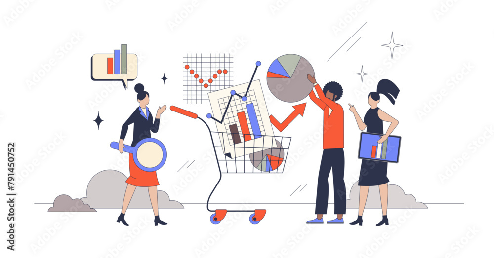 E-commerce analytics and sales calculation neubrutalism tiny person concept, transparent background. Business data research using audit and financial charts with profit information illustration.