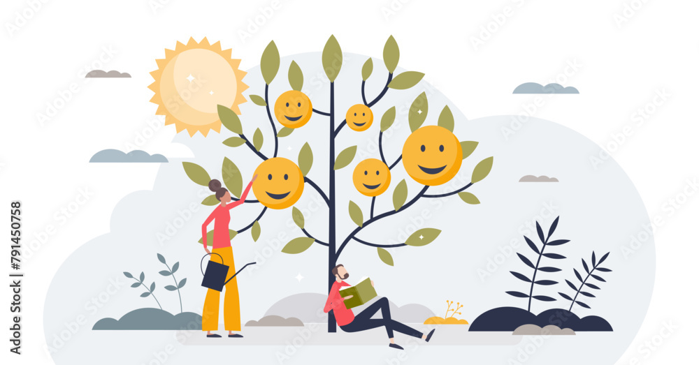 Positive psychology and inner mindset emotion development tiny person concept, transparent background.Happy wellbeing with calm and relaxing life moments illustration.