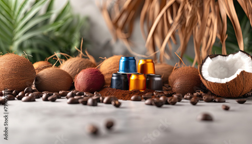 Multicolored coffee capsules and coconuts. Front view. Background for design. Food and drink. Horizontal banner.  photo
