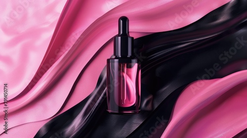 one bottle of premium cosmetic, flowing lines, black and pink, valentine day, macro product photography, mockup 