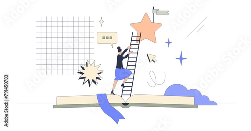 Professional development and improvement neubrutalism tiny person concept, transparent background. Personal career growth with learning and new skills education illustration.