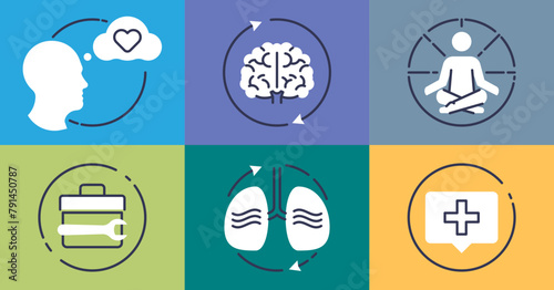 Emotional regulation and mental feelings control grid outline concept. Psychological methods to calm down or ability to relax with correct breathing illustration.