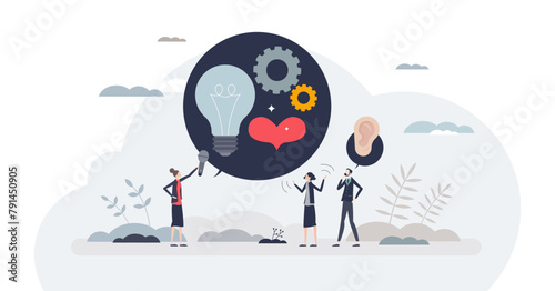 Effective communication with active listening skills tiny person concept, transparent background. Information exchange with precise and clear context presentation ability illustration.