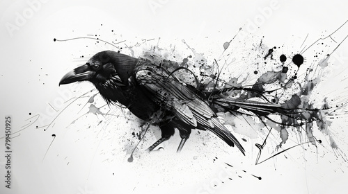 Drawing of a raven with elements of abstraction 