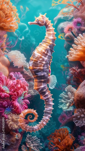 A captivating orange and purple seahorse floating gracefully among colorful coral reefs in a serene underwater scene © gunzexx png and bg