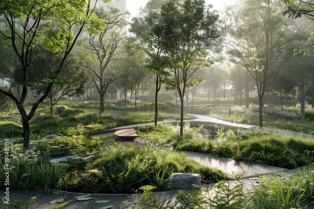 A network of interconnected green spaces within an urban environment, promoting biodiversity and resilience in the face of climate change.