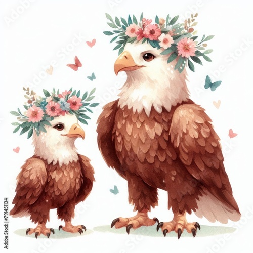 Eagle Mom and Baby ,Watercolor Mother's Day Clip Art, Greeting Art Cute Cartoon Character Illustration Design Isolated on White Background