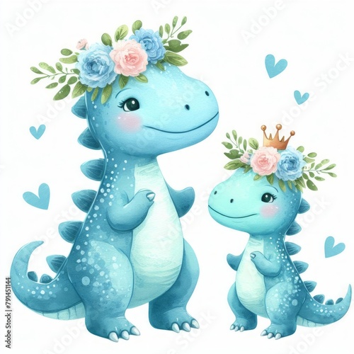 Blue Dinosaur Mom and Baby ,Watercolor Mother's Day Clip Art, Greeting Art Cute Cartoon Character Illustration Design Isolated on White Background