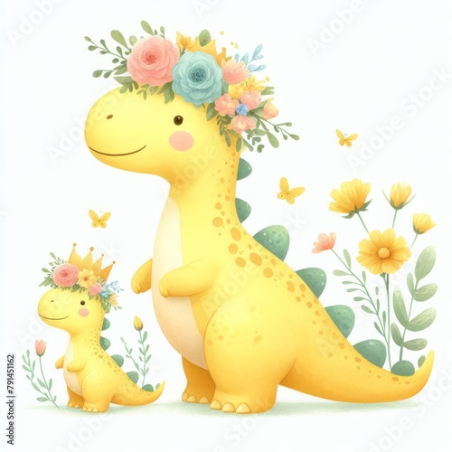 Yellow Dinosaur Mom and Baby  Watercolor Mother s Day Clip Art  Greeting Art Cute Cartoon Character Illustration Design Isolated on White Background