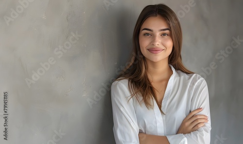 beautyful and confident woman lean on wall with copyspace at right side, Generative AI  © simba kim