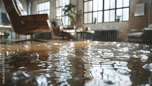 Accidental Flooding Insurance Coverage for Modern Offices and Homes. Concept Flood Insurance, Office Coverage, Home Protection, Accidental Damage, Modern Buildings
