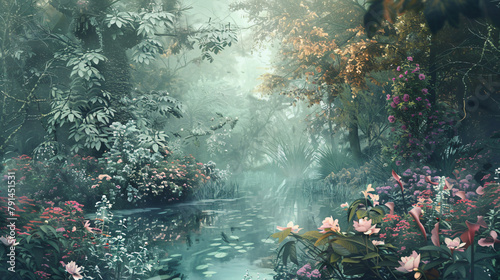 Dreamy surreal fantasy landscape lush vegetation 