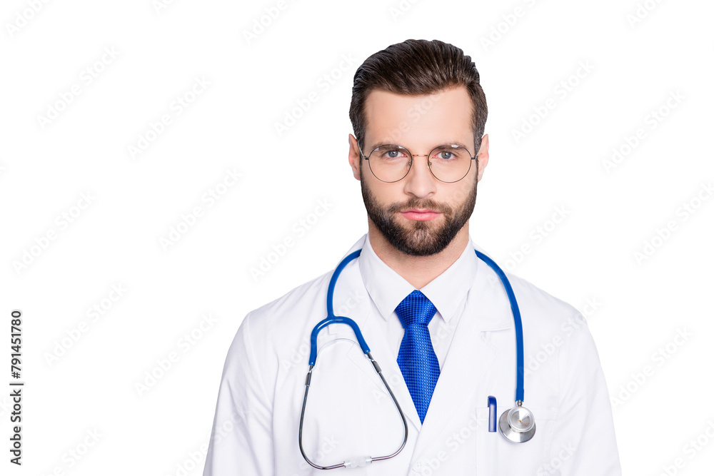 Portrait of trendy modern doc with stubble and modern hairstyle in white lab coat, tie and stethoscope on his neck, looking at camera, isolated on grey background Portrait of trendy modern doc with stubble and modern hairstyle in white lab coat, tie and stethoscope on his neck, looking at camera, isolated on grey background