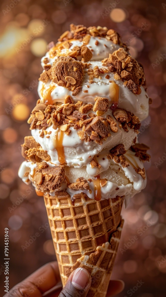 A hand holding an ice cream cone filled with toppings, featuring three scoops of ice cream A hand holding an ice cream cone filled with toppings, featuring three scoops of ice cream