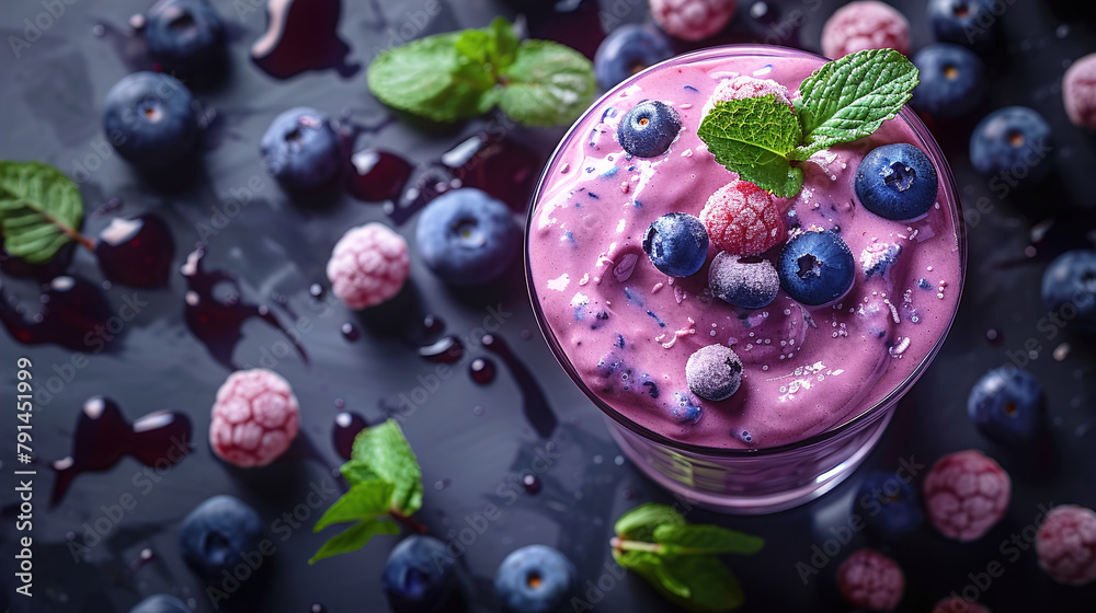 Delight in the freshness of a blueberry and mint smoothie with vibrant blueberry Delight in the freshness of a blueberry and mint smoothie with vibrant blueberry