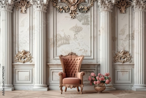 3d mural wallpaper Classic armchair in classic interior space.Walls with mouldings, ornate cornice Decorative columns and flowers, Generative AI photo
