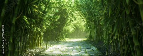 Tranquil walk through a bright green bamboo forest with sun filtering through leaves