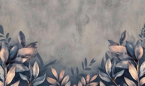 blue vintage tropical leaves in seamless border design premium wallpaper luxury silver grey background texture mural art 3d dark watercolor floral illustration golden beige subdued pink, Generative AI photo