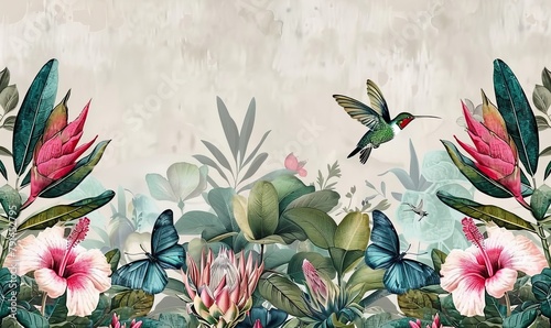 vintage tropical background with protea hibiscus flowers leaves hummingbirds butterflies seamless border premium wallpaper hand drawn 3d illustration luxury mural for paper packaging, Generative AI