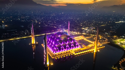 Aerial view of Al-Jabbar mosque in the night. Beautiful floating mosque of bandung west java Indonesia.  photo