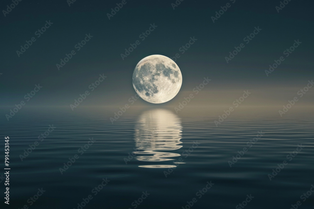 Stillness of a moonlit lake, with the full moon casting a soft glow on the water's surface.