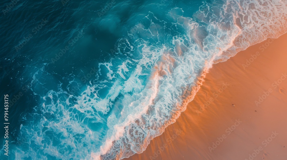 Beautiful beach with turquoise water and waves from above, top view