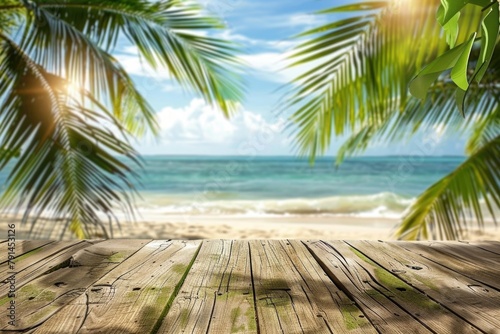 Summer Beach Background. Wooden Table with Palm Leaves  Tropical Sea and Sky. Product Display Montage. Vacation Concept