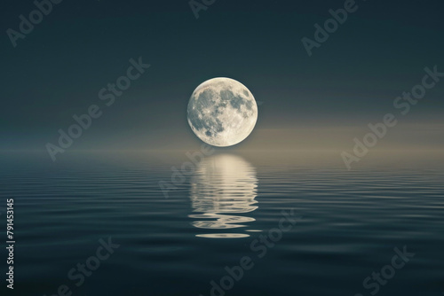 Stillness of a moonlit lake, with the full moon casting a soft glow on the water's surface.