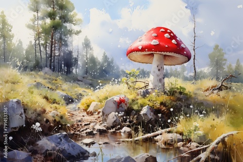 Enigmatic beauty. gorgeous fly agaric mushroom blooming in a serene deep forest glade