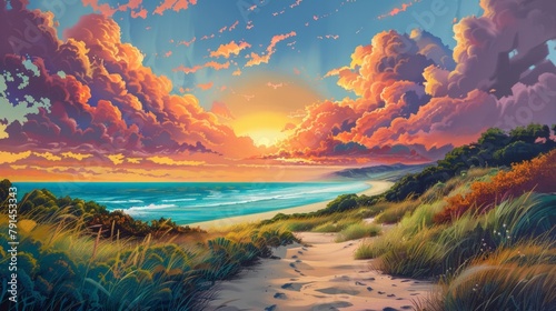 A tranquil beach scene with a pathway leading to the sea