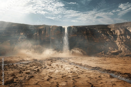 A majestic waterfall reduced to a trickle amidst a drought-stricken landscape, symbolizing the dwindling water resources caused by changing climate patterns.