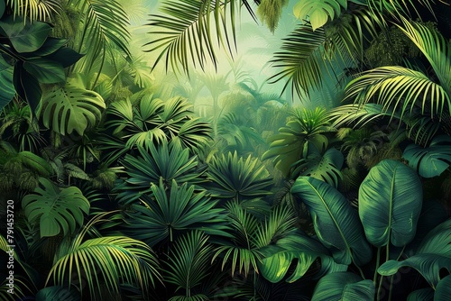 3d wallpapaper. Tropical forest, wild jungle. Closeup nature view of green leaf and palms background. Flat lay, dark nature concept, tropical leaf, Generative AI