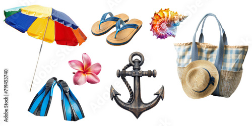 Set of Summer accessories elements for holiday vacation isolated on background, Beach items for swimming and relax, beach ball, seashell, hat and other.